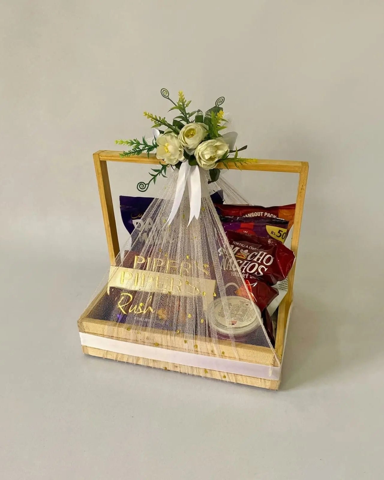 Premium hangout snack tray with Piper's Rush, Piper's Gold and Nachos in wooden handled tray by The Love Language Pakistan