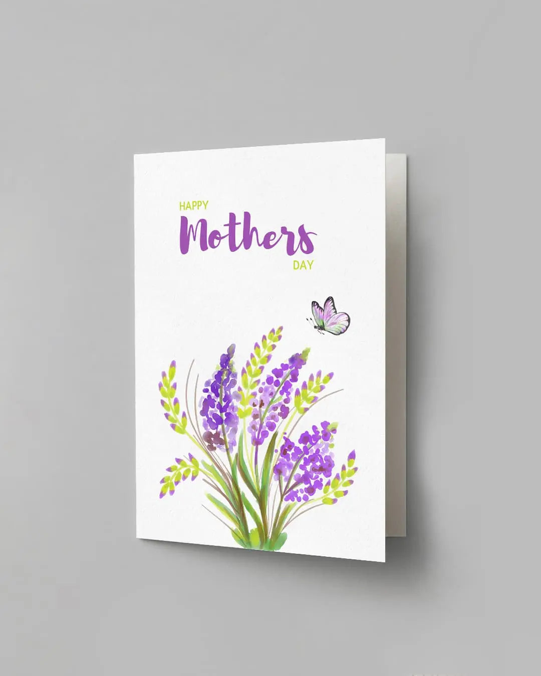 Purple lupine flowers and butterfly printed Happy Mother's Day greeting card by The Love Language Pakistan