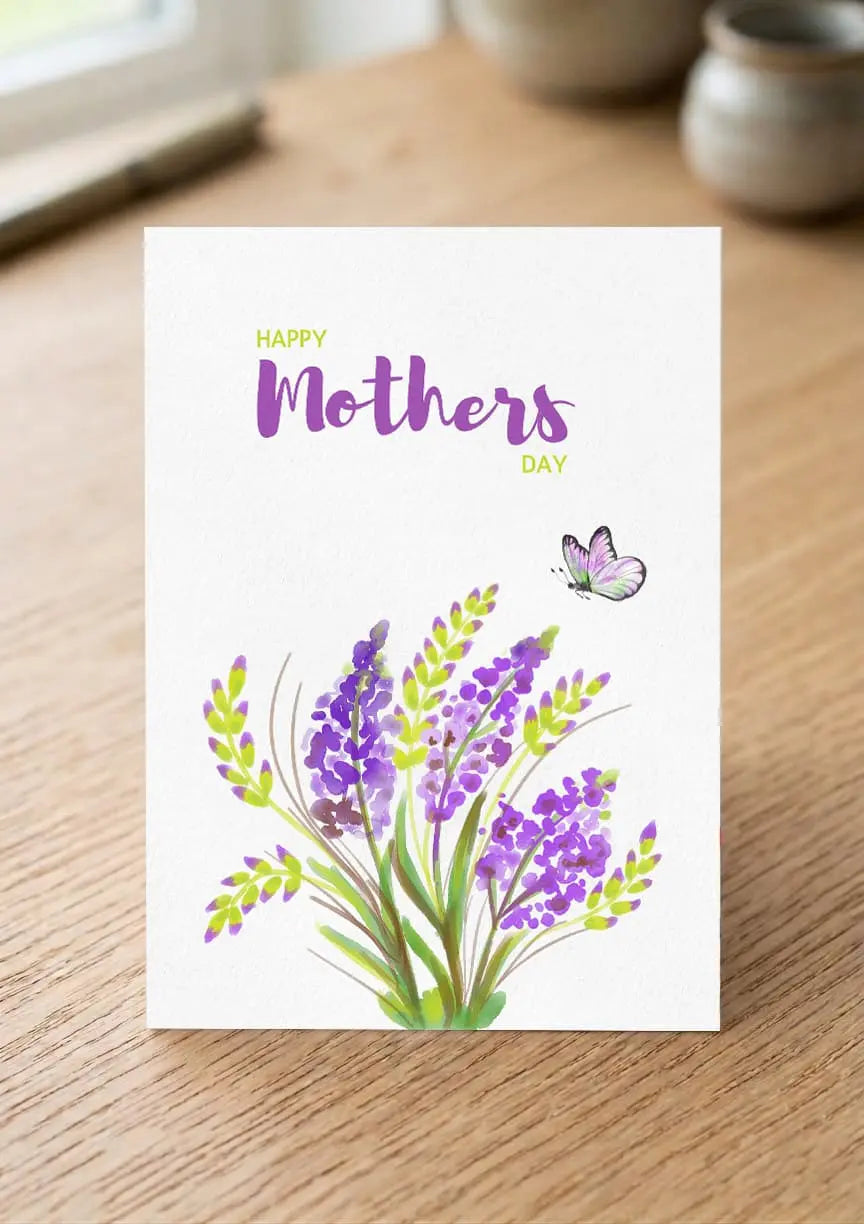 Mother's Day card with lavender flowers and a butterfly on a wooden surface