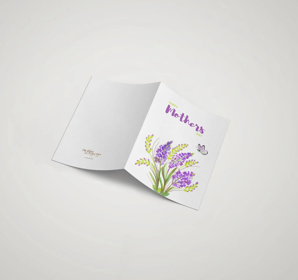 Purple lupine flowers and butterfly printed Happy Mother's Day greeting card by The Love Language Pakistan