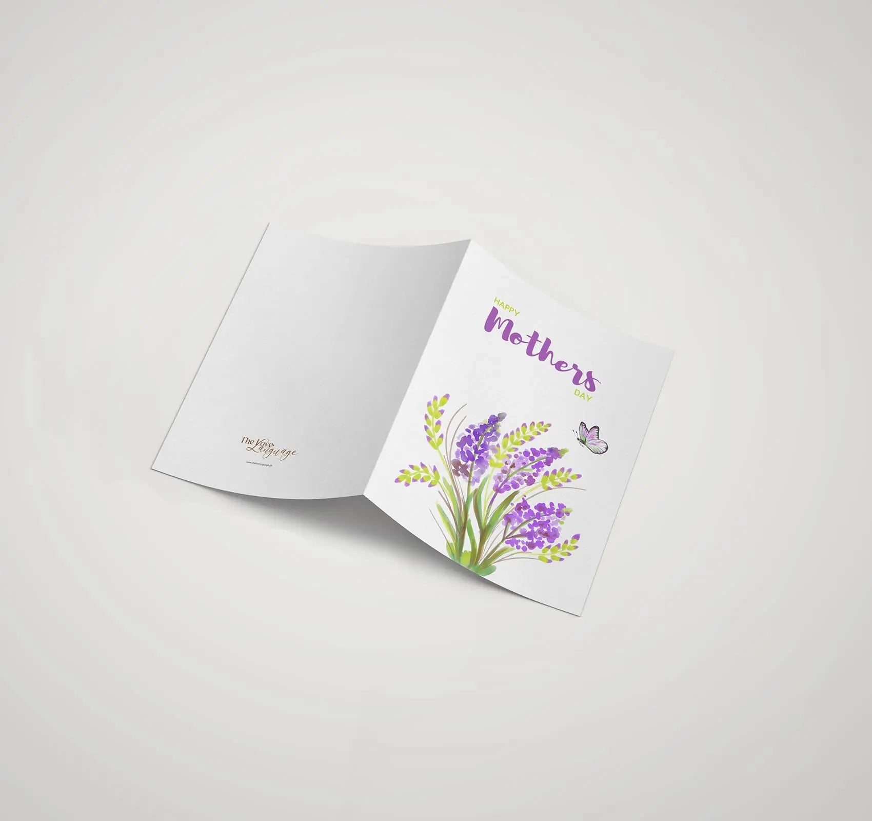 Purple lupine flowers and butterfly printed Happy Mother's Day greeting card by The Love Language Pakistan