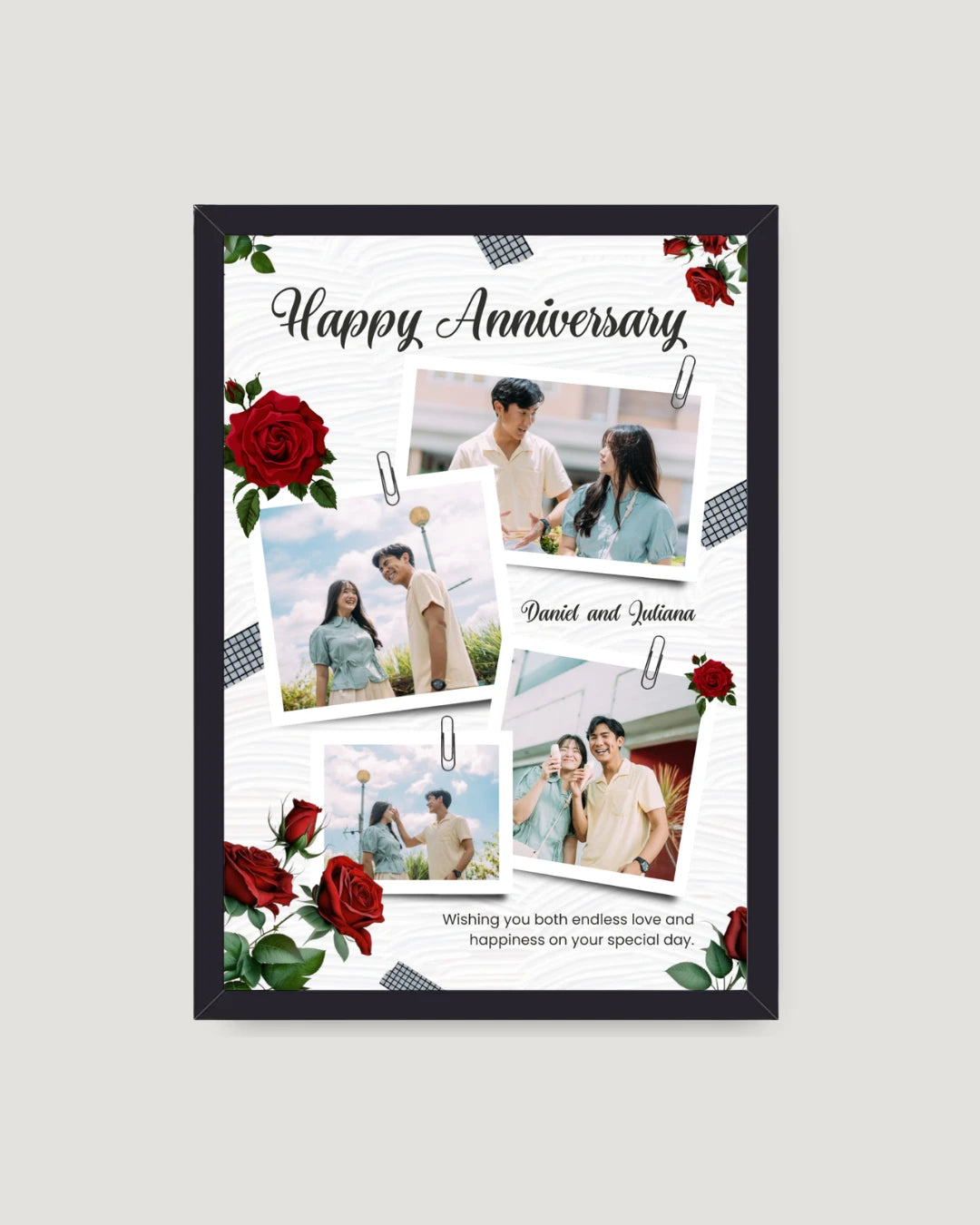 Red roses anniversary collage vertical photo frame Pakistan — white background with bold red roses and 4 Polaroid photos