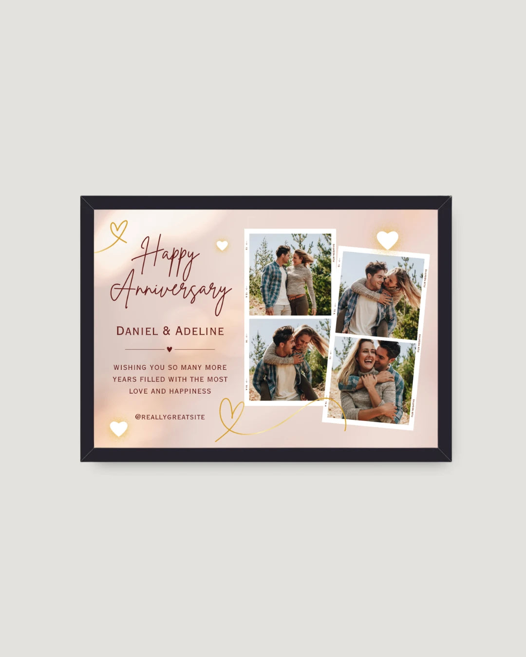 Rose gold film strip anniversary horizontal photo frame Pakistan — pink gradient with 3-photo film strip