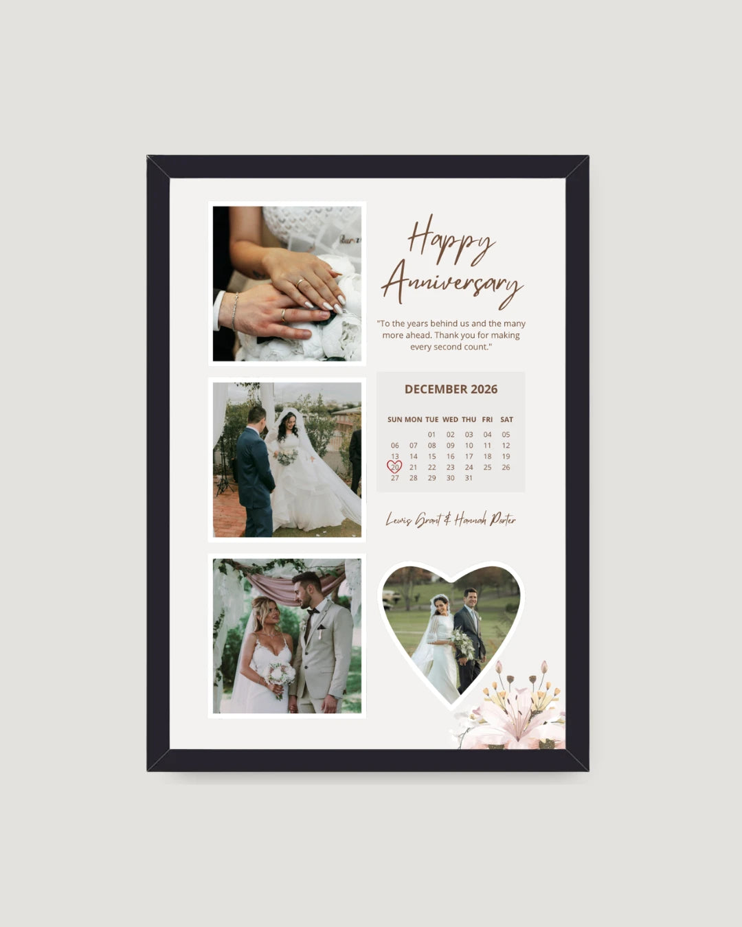 Rose heart anniversary calendar photo frame Pakistan — soft cream with 3 photos, calendar date, heart cutout