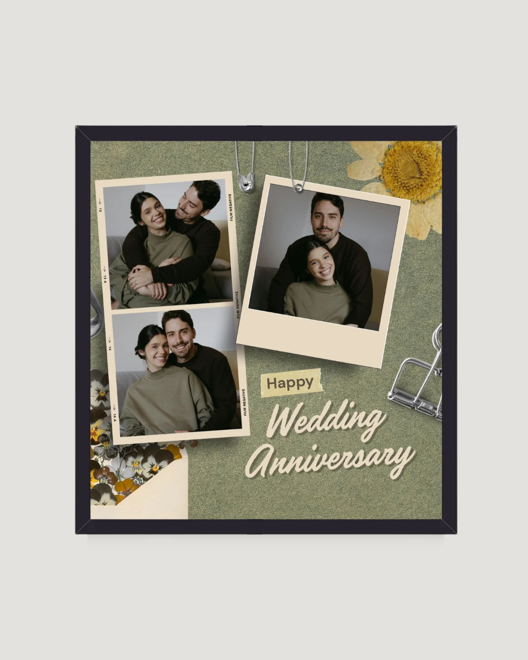 Scrapbook film strip personalised anniversary photo frame Pakistan — green background with polaroid collage