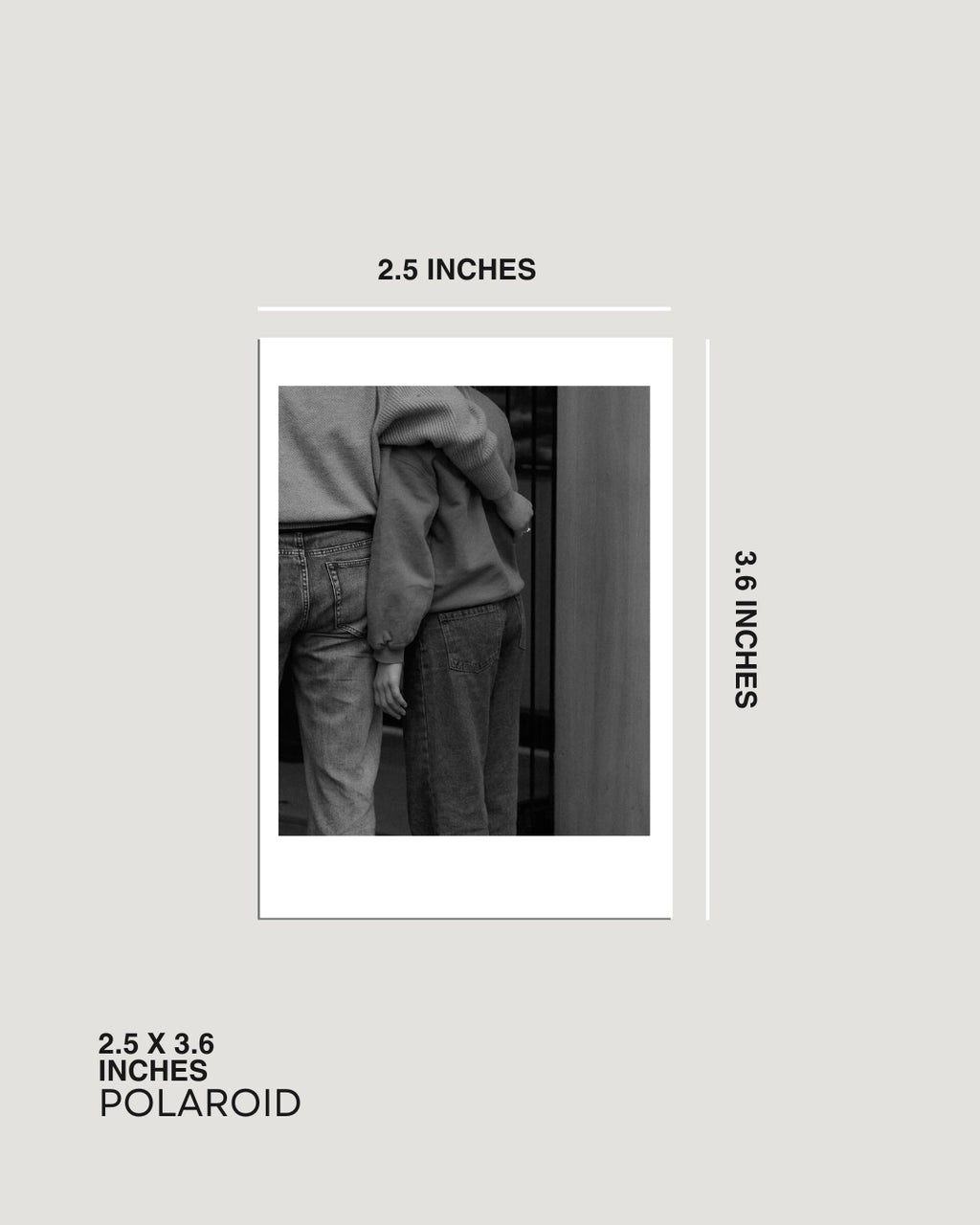 Polaroid photo with dimensions labeled on a light gray background