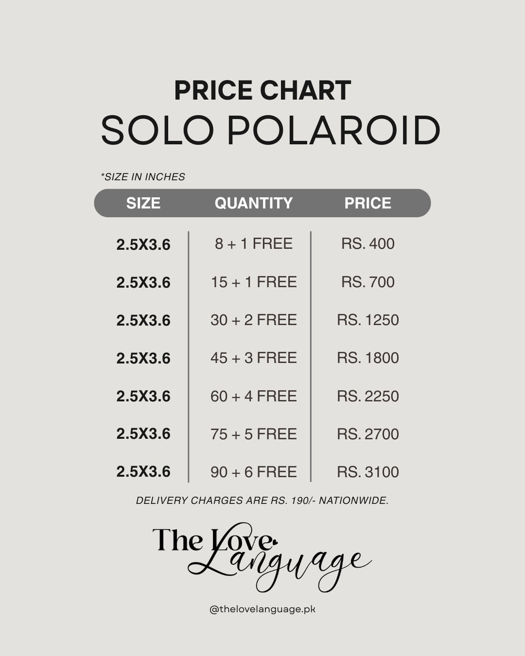 Polaroid strips price chart Pakistan 2x8 inch Rs.400 to Rs.2300 nationwide delivery by The Love Language