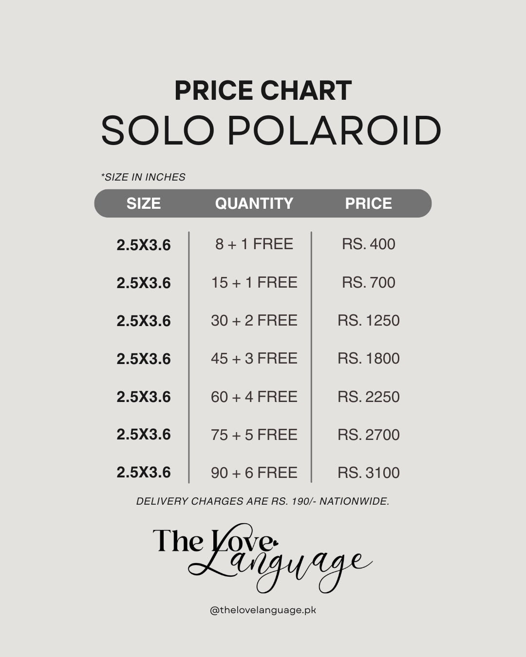 Polaroid strips price chart Pakistan 2x8 inch Rs.400 to Rs.2300 nationwide delivery by The Love Language