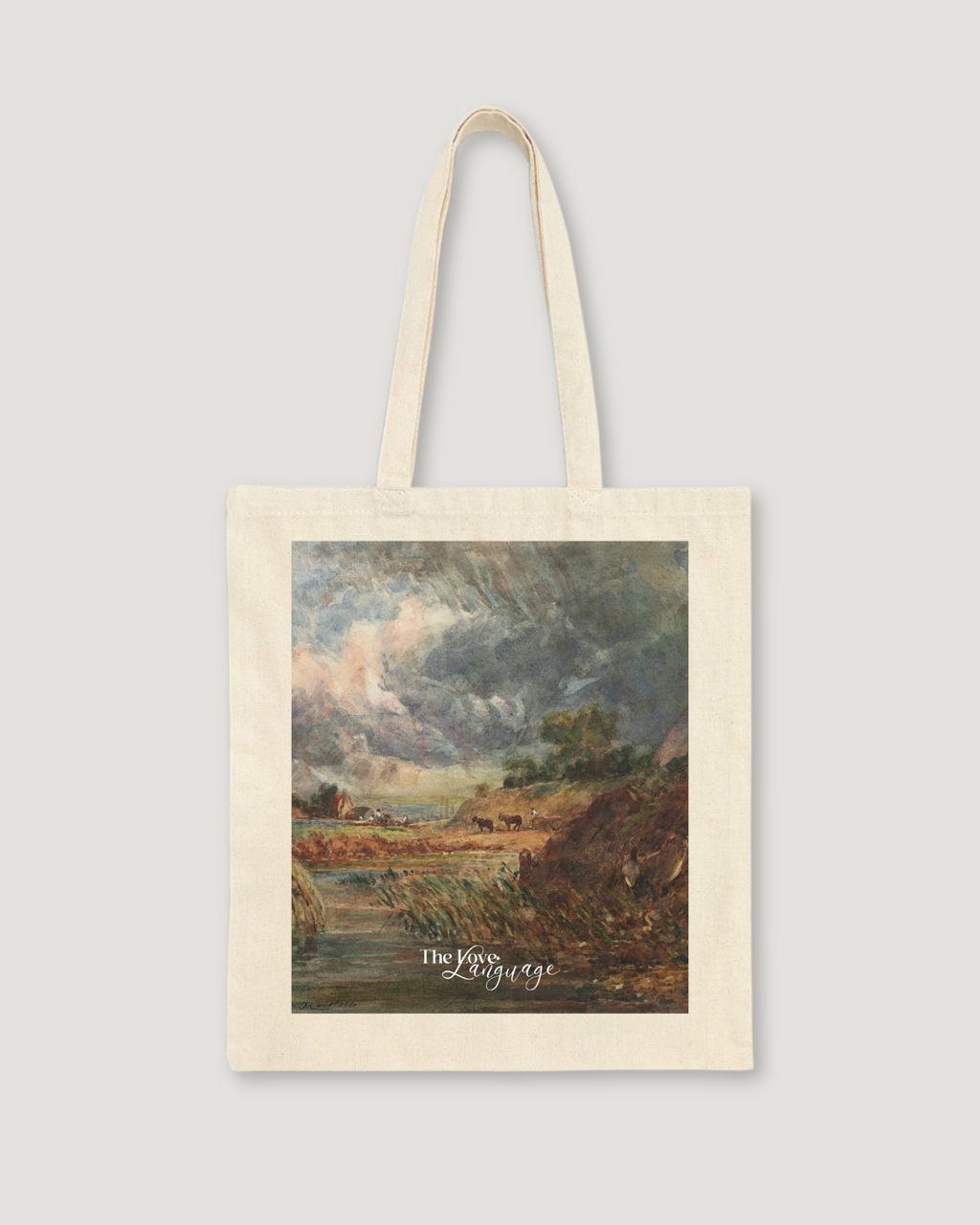 Natural cotton canvas tote bag with dark dramatic storm landscape painting art print by The Love Language Pakistan