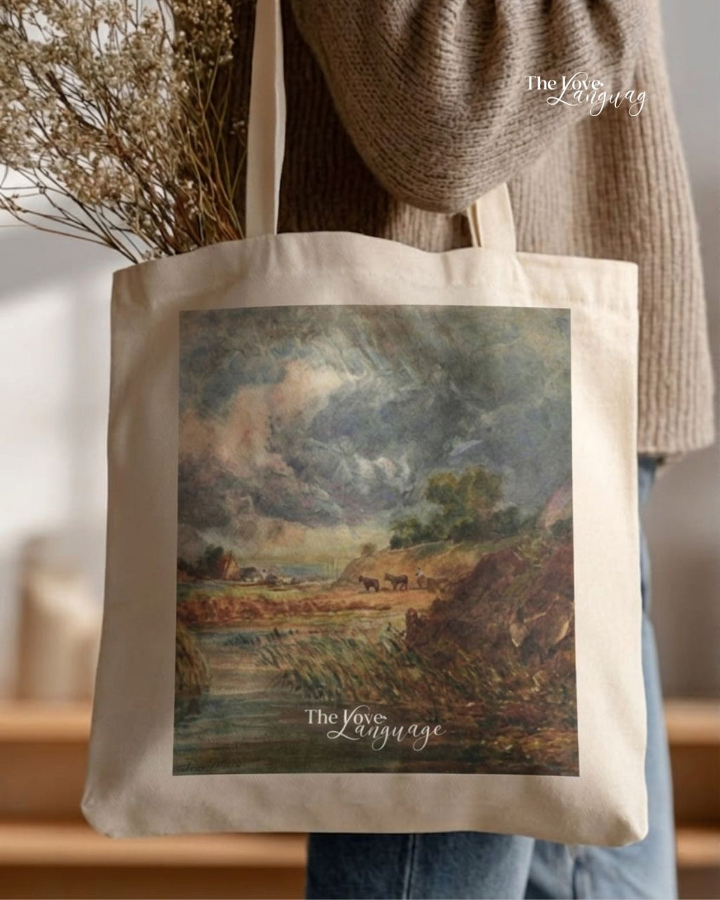 Natural cotton canvas tote bag with dark dramatic storm landscape painting art print by The Love Language Pakistan