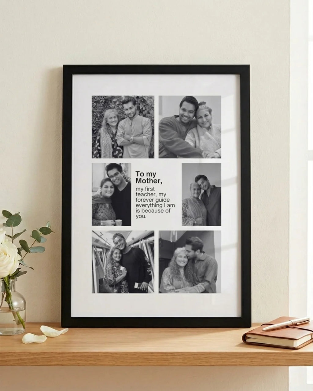 Black and white To My Mother editorial photo collage frame with 5 photos personalised Mother's Day gift by The Love Language Pakistan