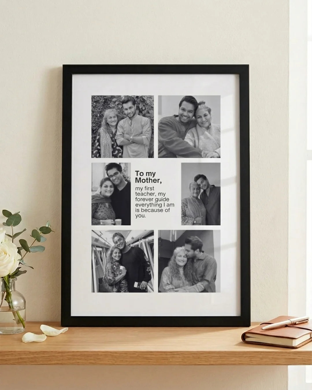 Black and white To My Mother editorial photo collage frame with 5 photos personalised Mother's Day gift by The Love Language Pakistan