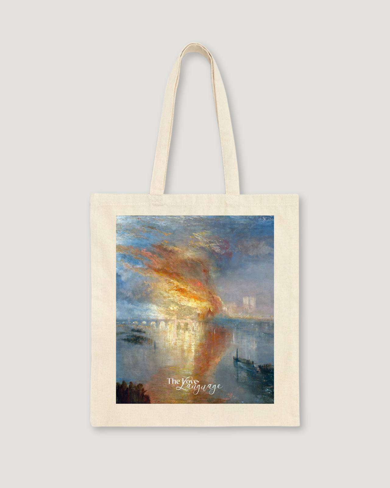Natural canvas tote bag with Turner's Burning of Parliament painting featuring fiery orange and gold tones by The Love Language Pakistan