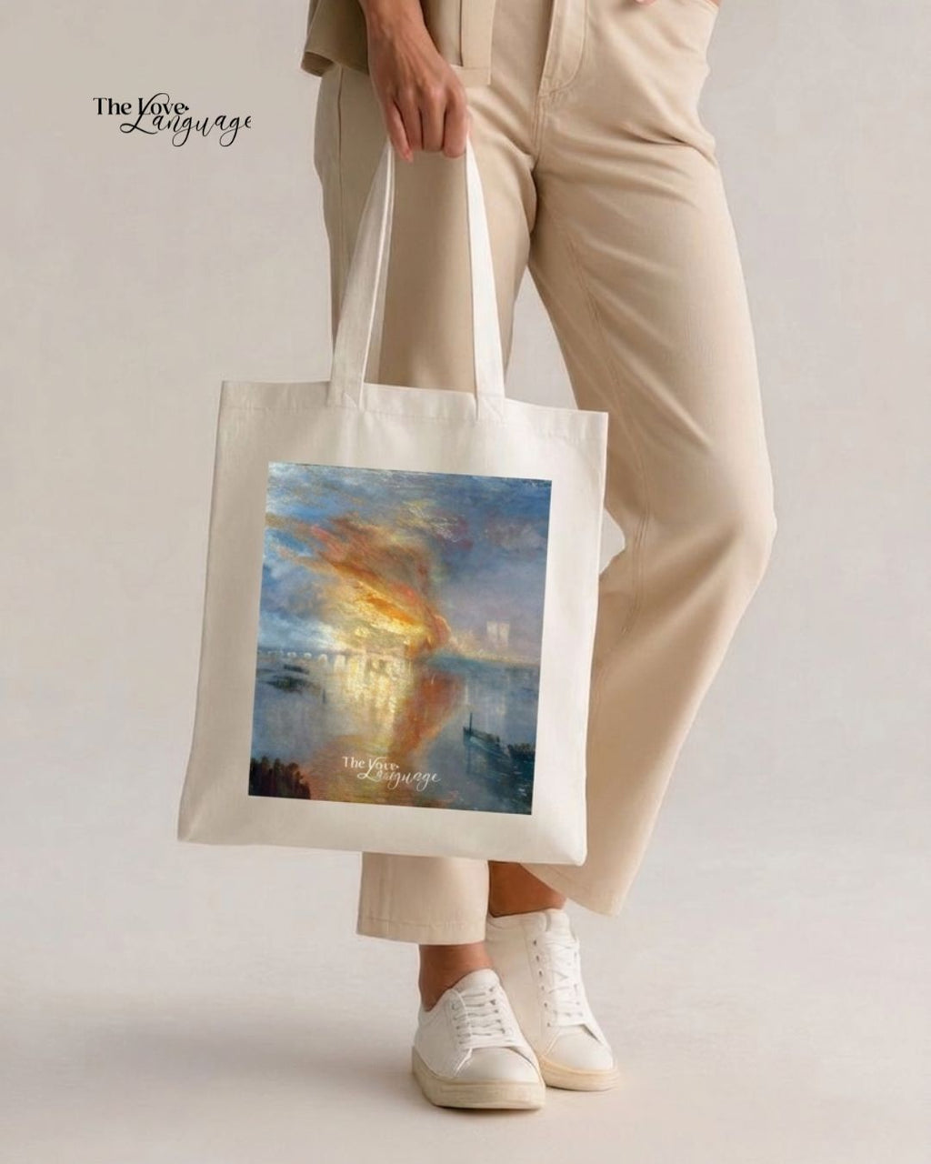 Natural canvas tote bag with Turner's Burning of Parliament painting featuring fiery orange and gold tones by The Love Language Pakistan