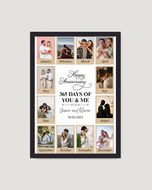 12 months anniversary photo frame Pakistan — 365 days of us grid layout with couple photos per month