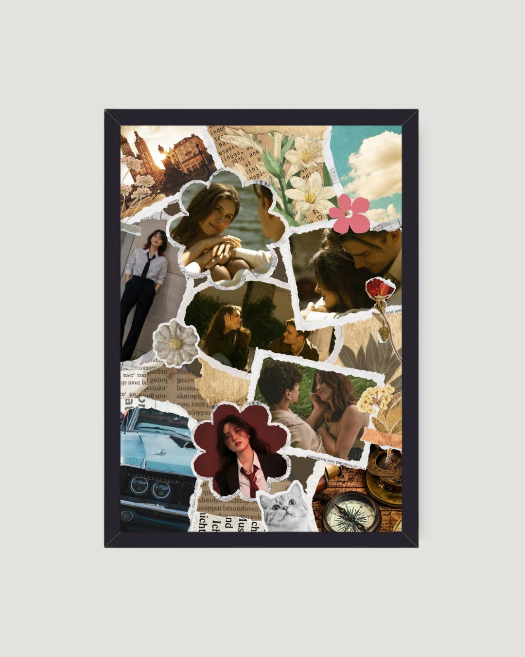 Vintage aesthetic collage photo frame with newspaper clippings botanical flowers and compass personalised gift by The Love Language Pakistan