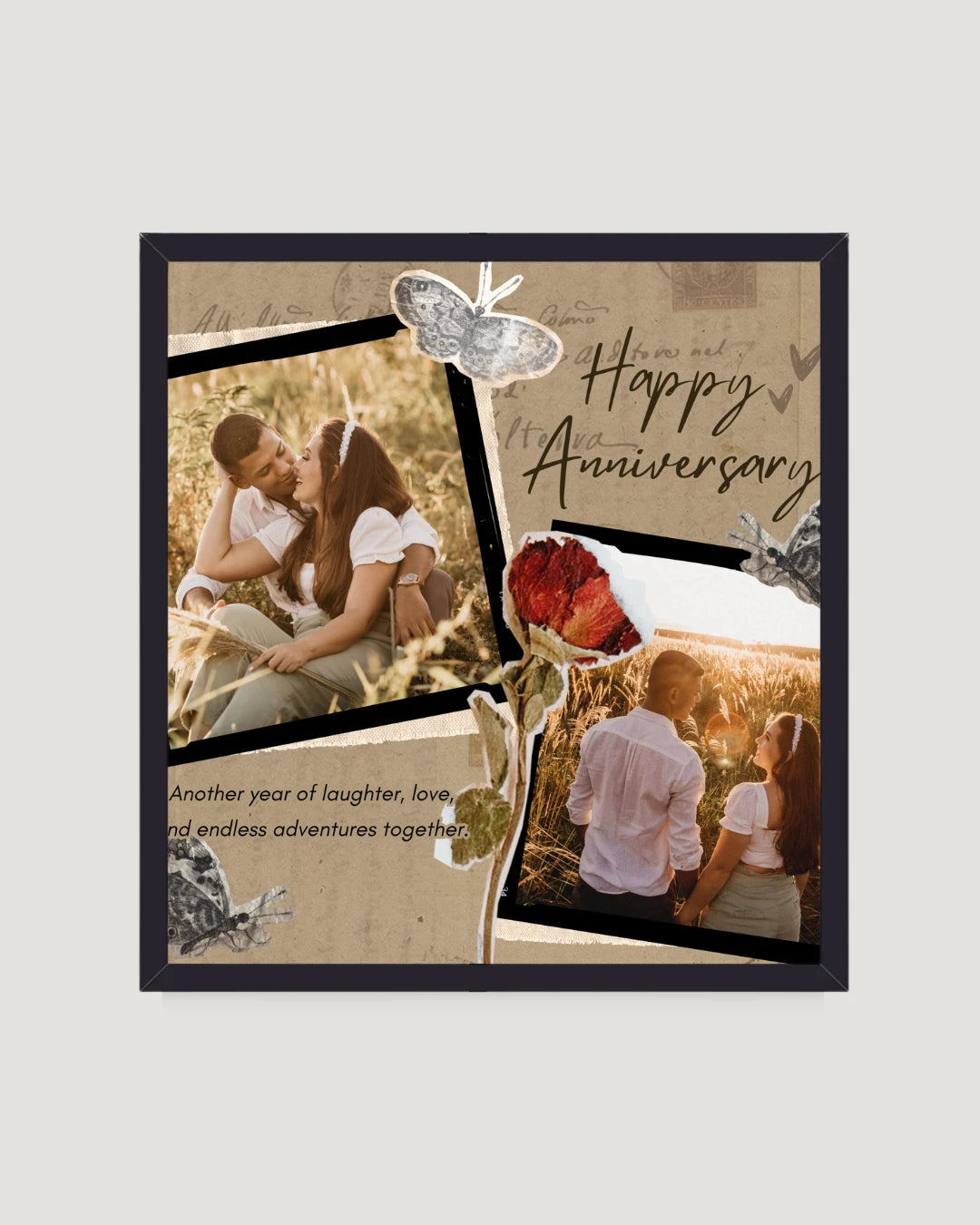 Vintage butterfly anniversary square photo frame Pakistan — kraft tan background with butterflies and 2 couple photos