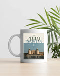 Vintage travel-poster style mug featuring Lahore Fort, Urdu calligraphy and crescent moon — 14 August Pakistan Independence Day mug
