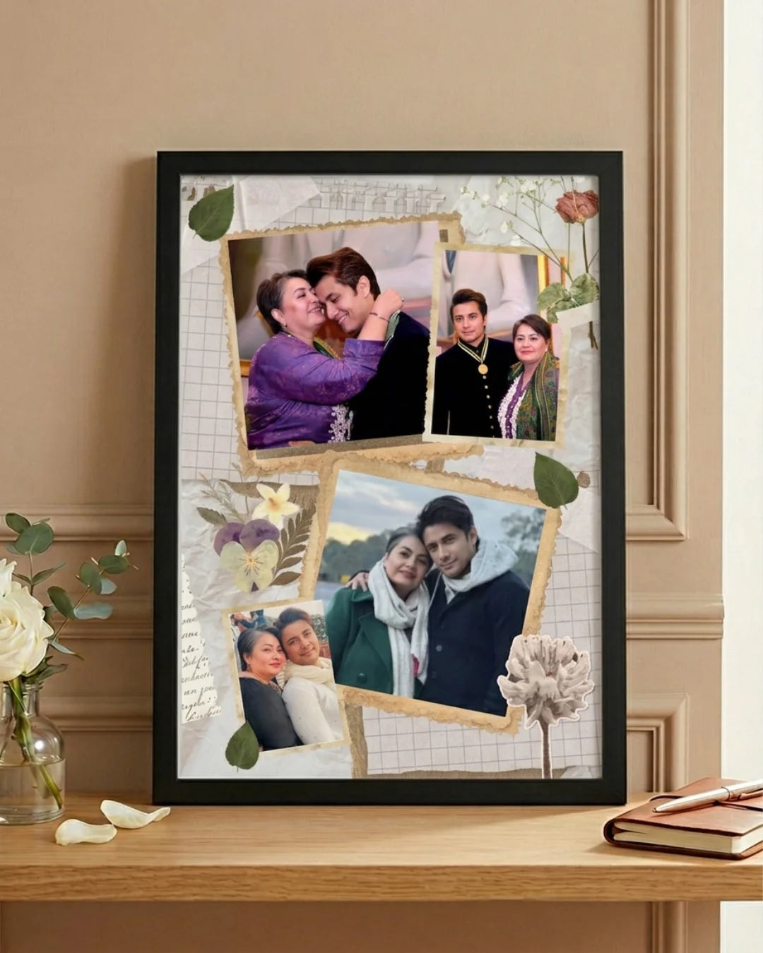 Vintage scrapbook style personalised photo frame with torn edges and botanical details Mother's Day gift by The Love Language Pakistan