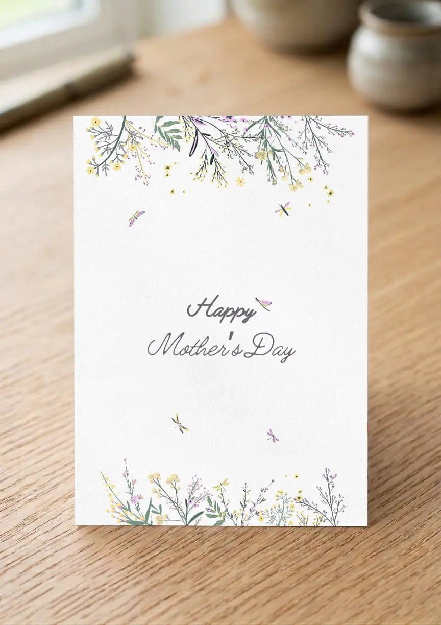 Delicate wildflower and dragonfly printed Happy Mother's Day greeting card by The Love Language Pakistan