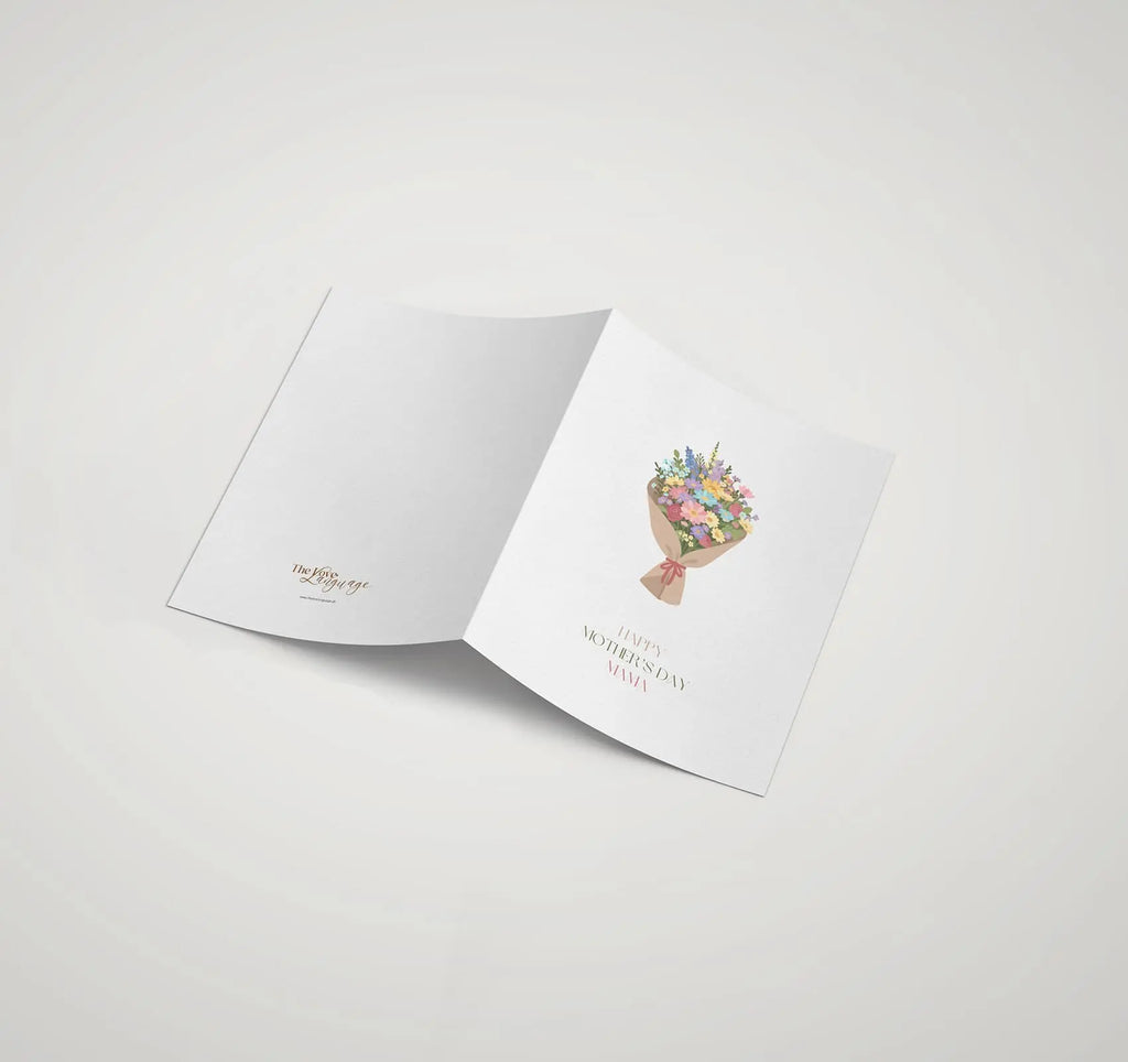 Kraft paper wrapped pastel bouquet printed Happy Mother's Day Mama greeting card by The Love Language Pakistan